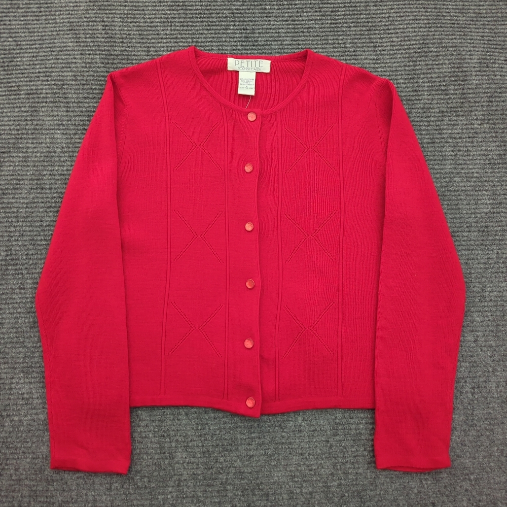 NWOT Vtg 90s Petite Cherry Red Lambswool Blend Cardigan Sweater Women’s S Preppy